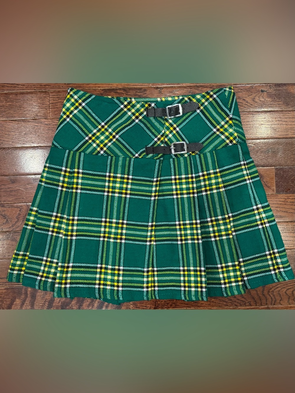 JKA Retro Plaid Pleated Mini Skirt Irish Green Tartan Kilt Skirt Vintage Preppy